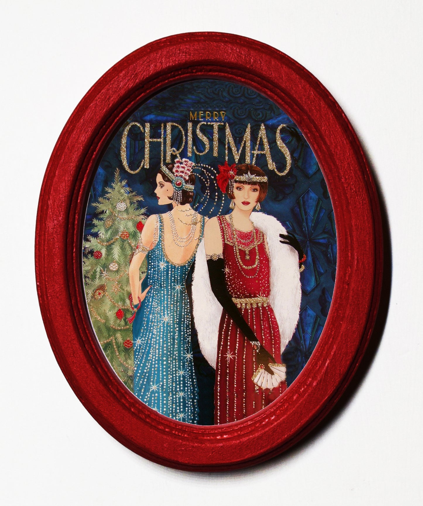 Art Deco Merry Christmas Flapper Girls 1920's 3" x 4" Oval Wooden Framed Print