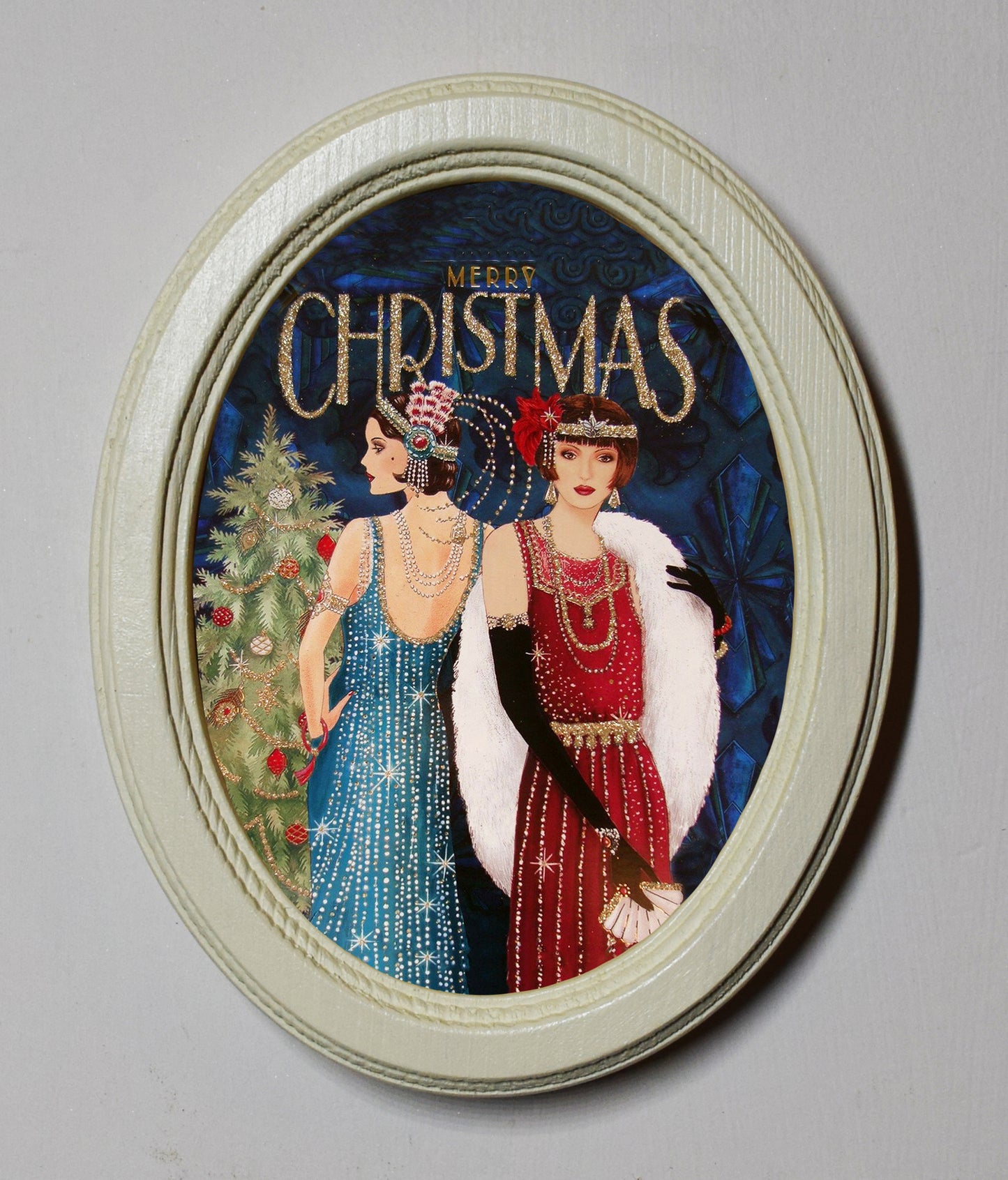 Art Deco Merry Christmas Flapper Girls 1920's 3" x 4" Oval Wooden Framed Print