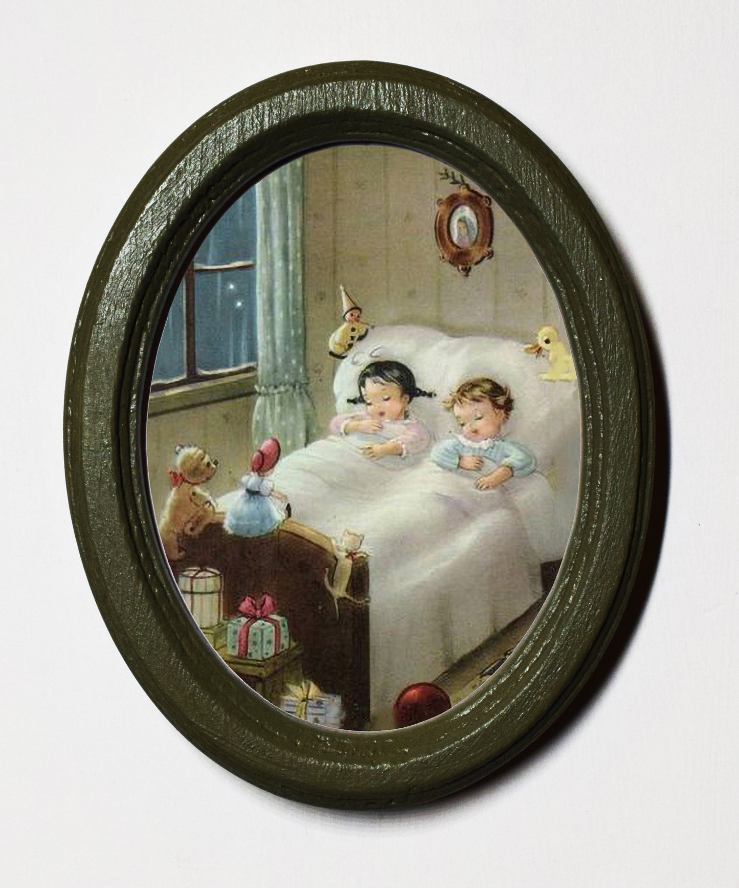 Asleep on Christmas Eve 3" x 4" Oval Wooden Framed Print
