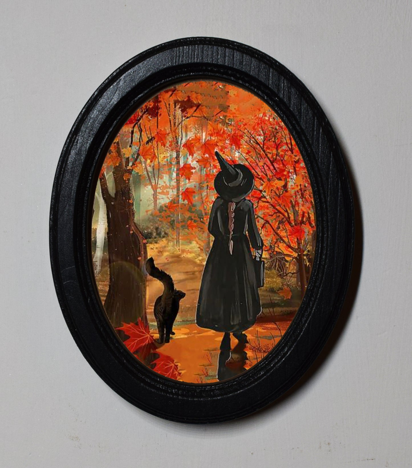 Autumn Witch and Cat in Wood Halloween Oval Wooden Framed Print