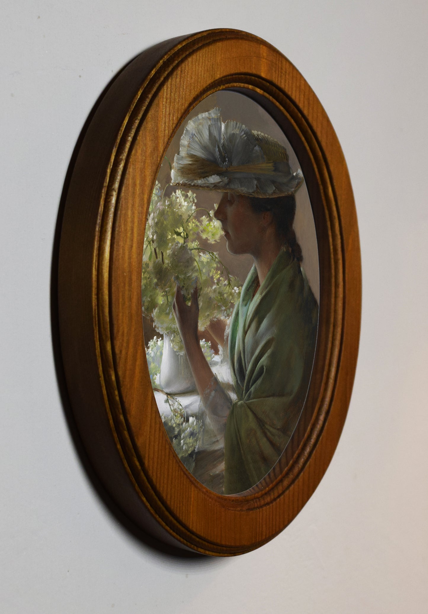 Charles Courtney Curran Lady with a Bouquet (Snowballs) 4" x 6" Oval Wooden Framed Classic Art Print