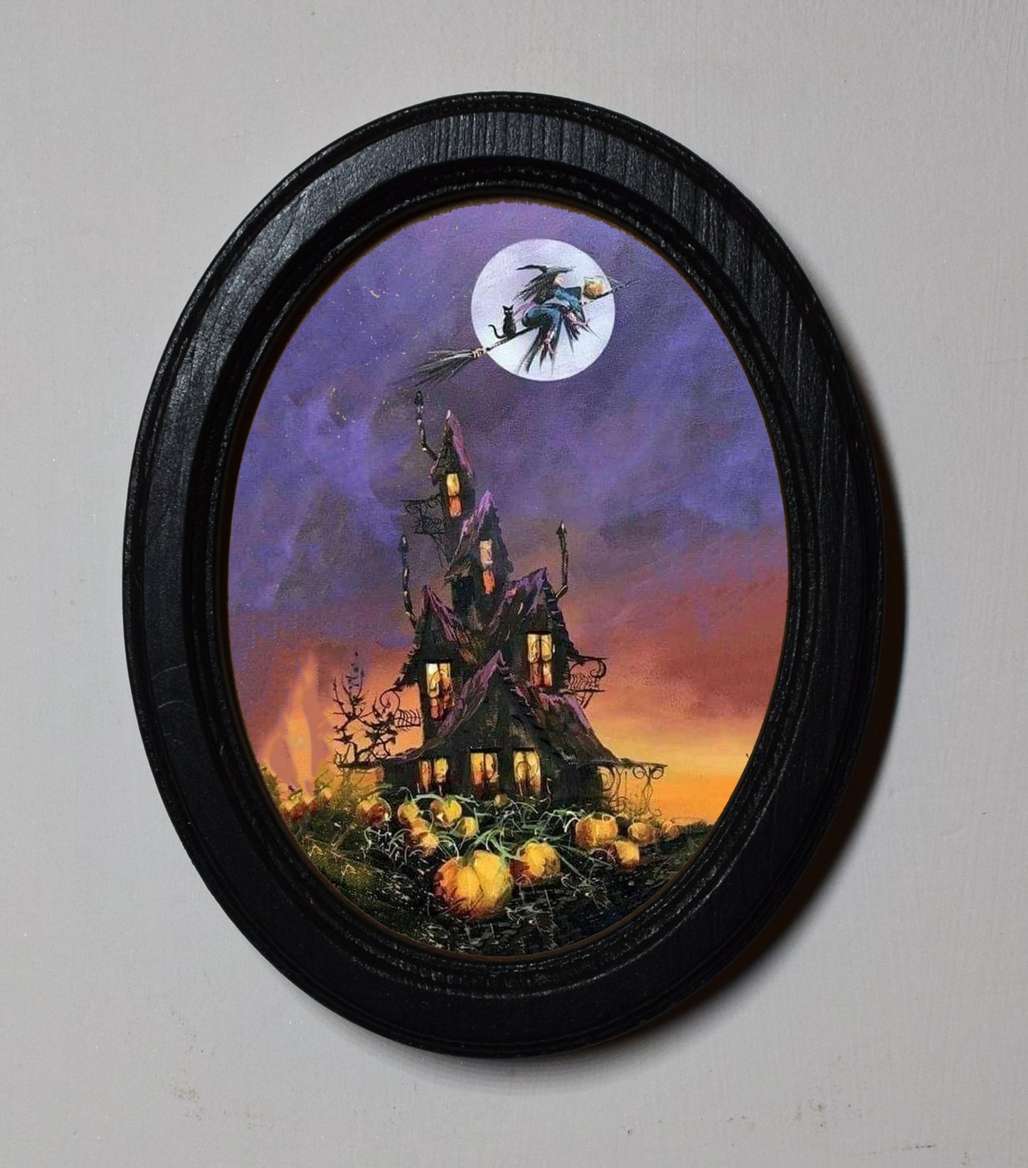 Crooked House Halloween Oval Wooden Framed Print