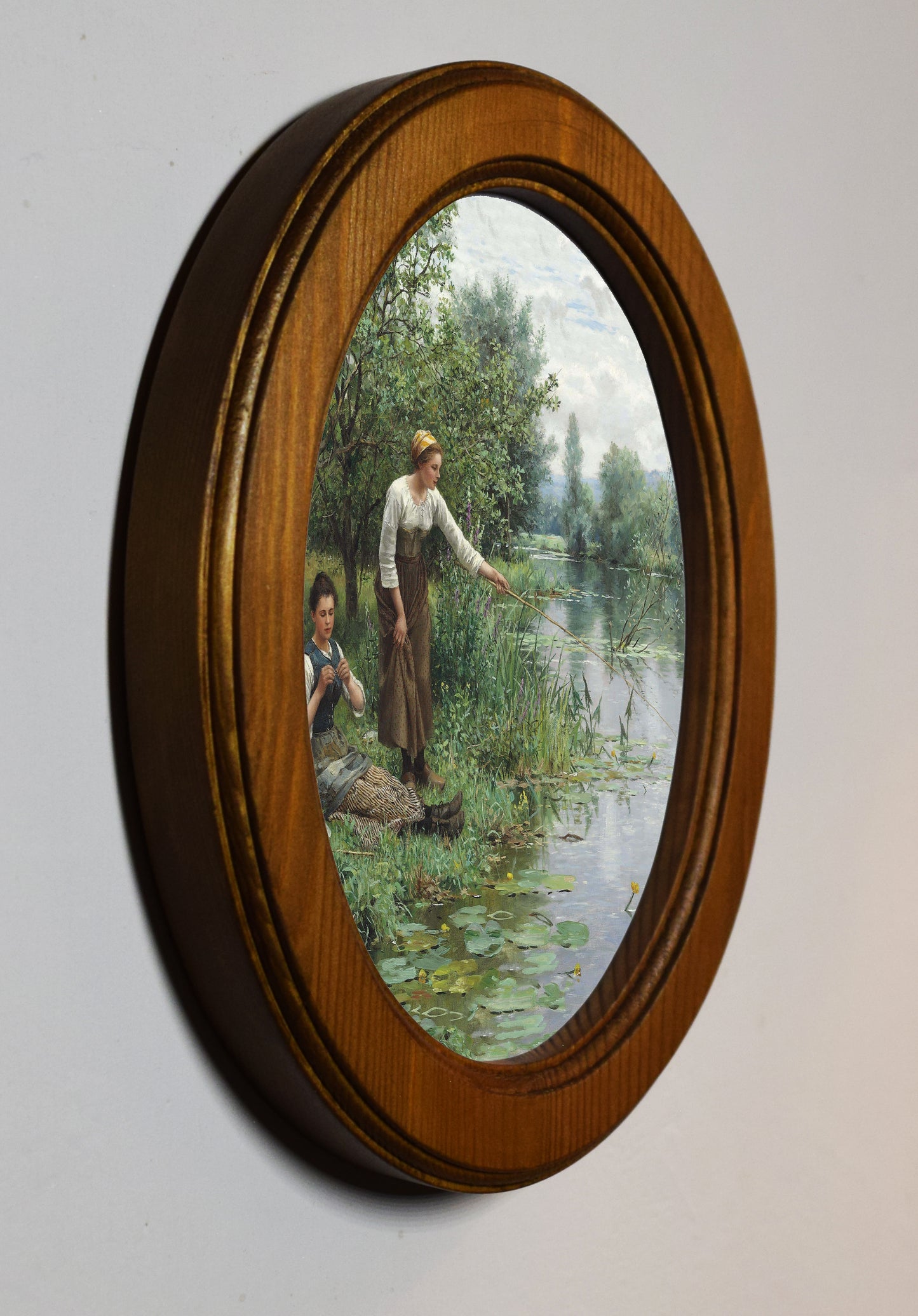 Daniel Ridgway Knight Two Women Fishing 4" x 6" Oval Wooden Framed Classic Art Print