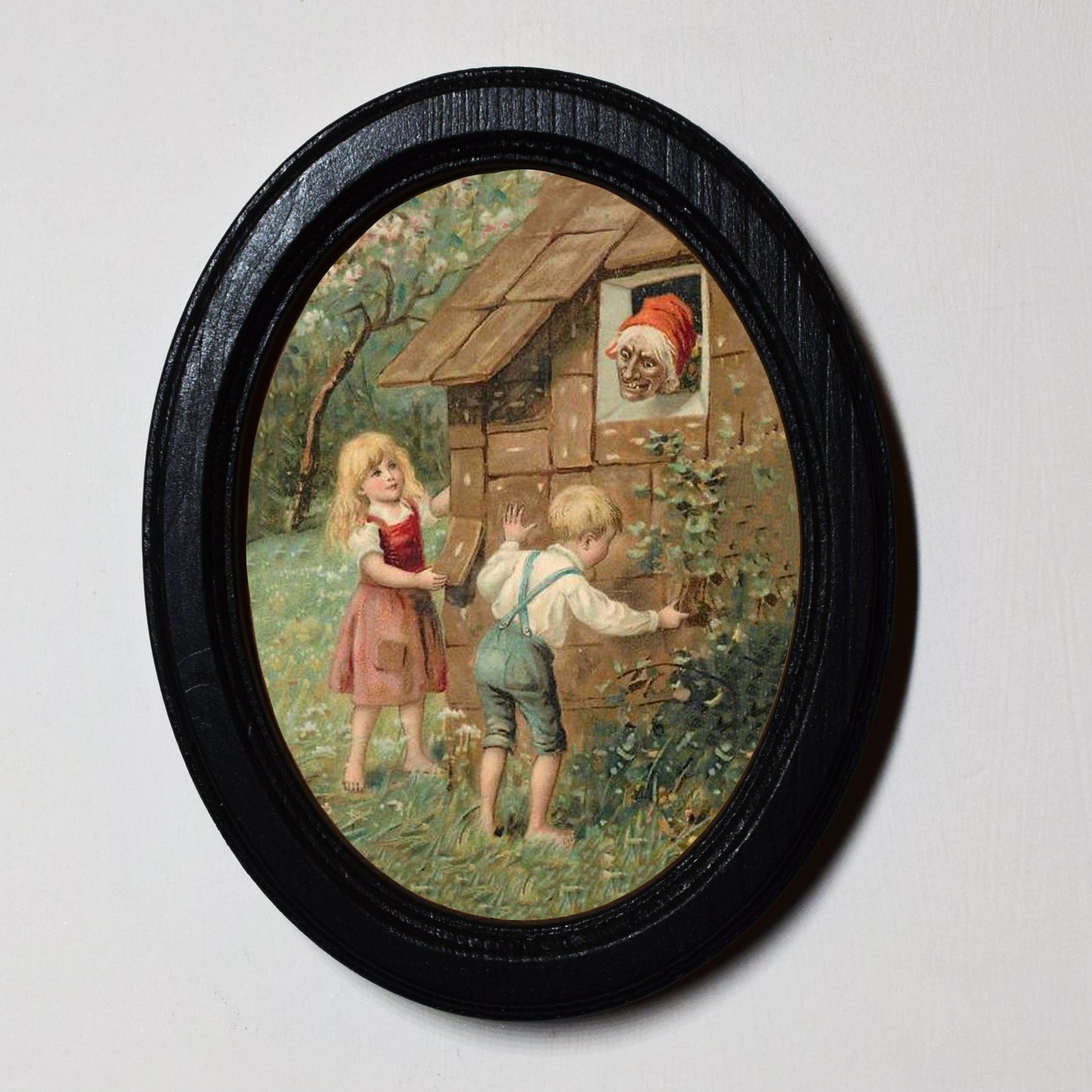 Hansel and Gretel Outside The Gingerbread House Halloween Oval Wooden Framed Print