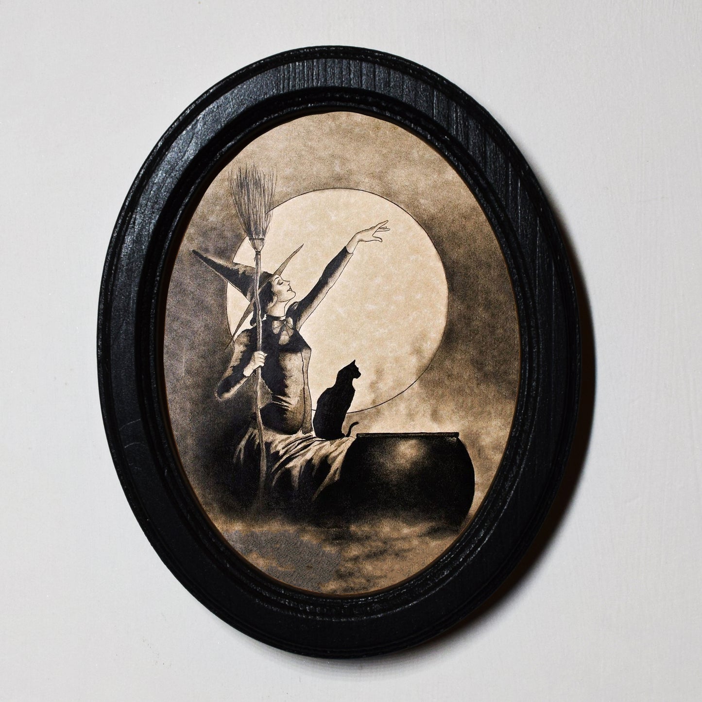 Magestic Witch Halloween Oval Wooden Framed Print