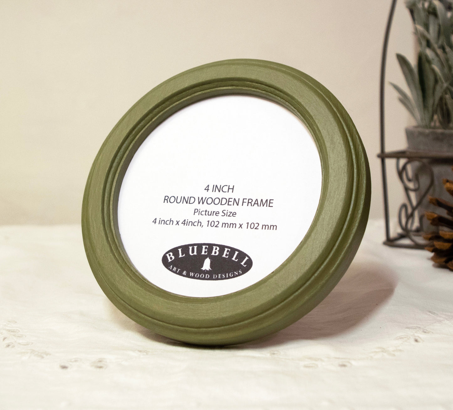 Olive Green 4" x 4" Round Roman Edged Handmade Wooden Photo Picture Frame
