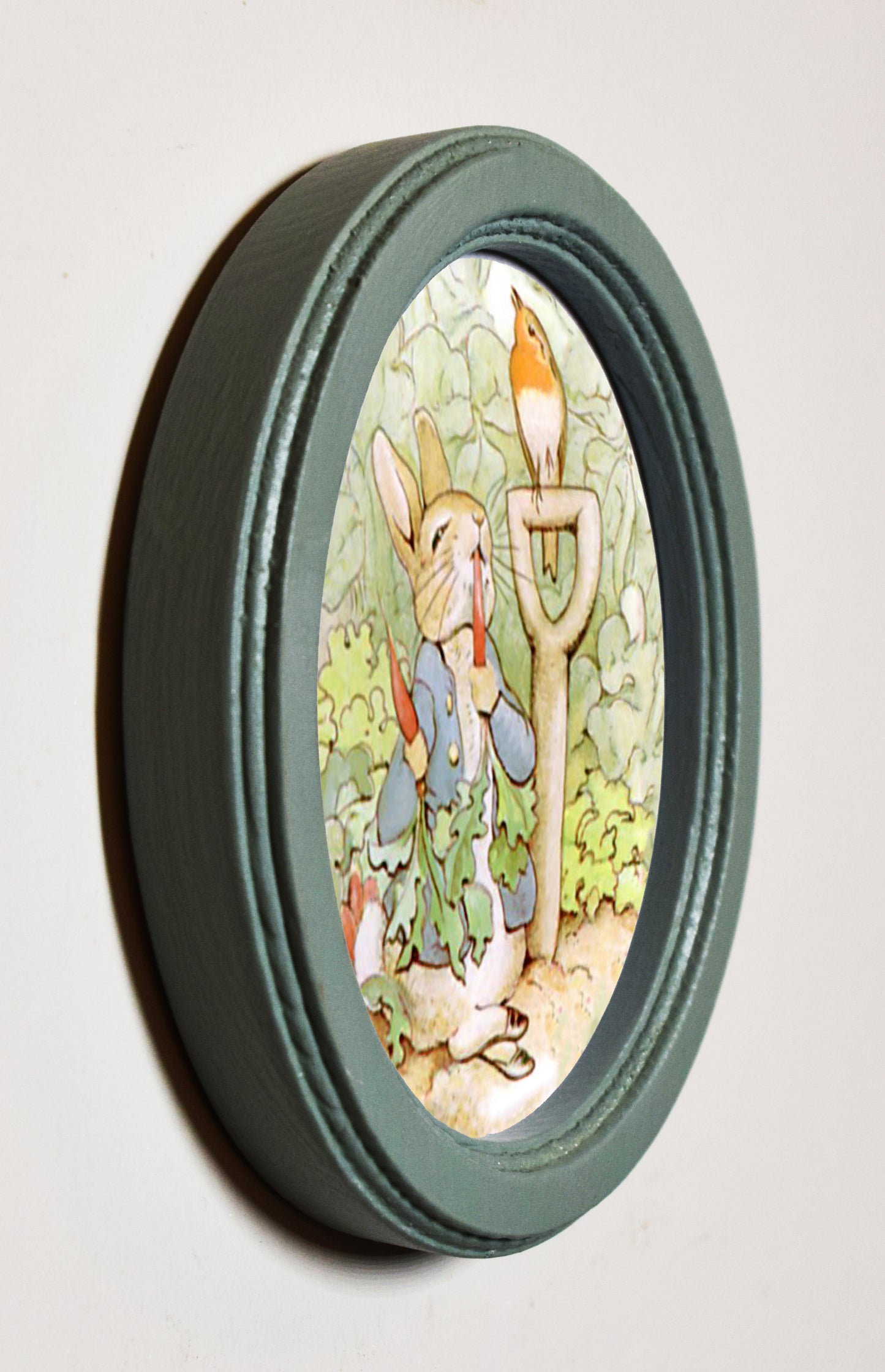 Beatrix Potter Peter Rabbit Eating Radishes 3" x 4" Oval Wooden Framed Print