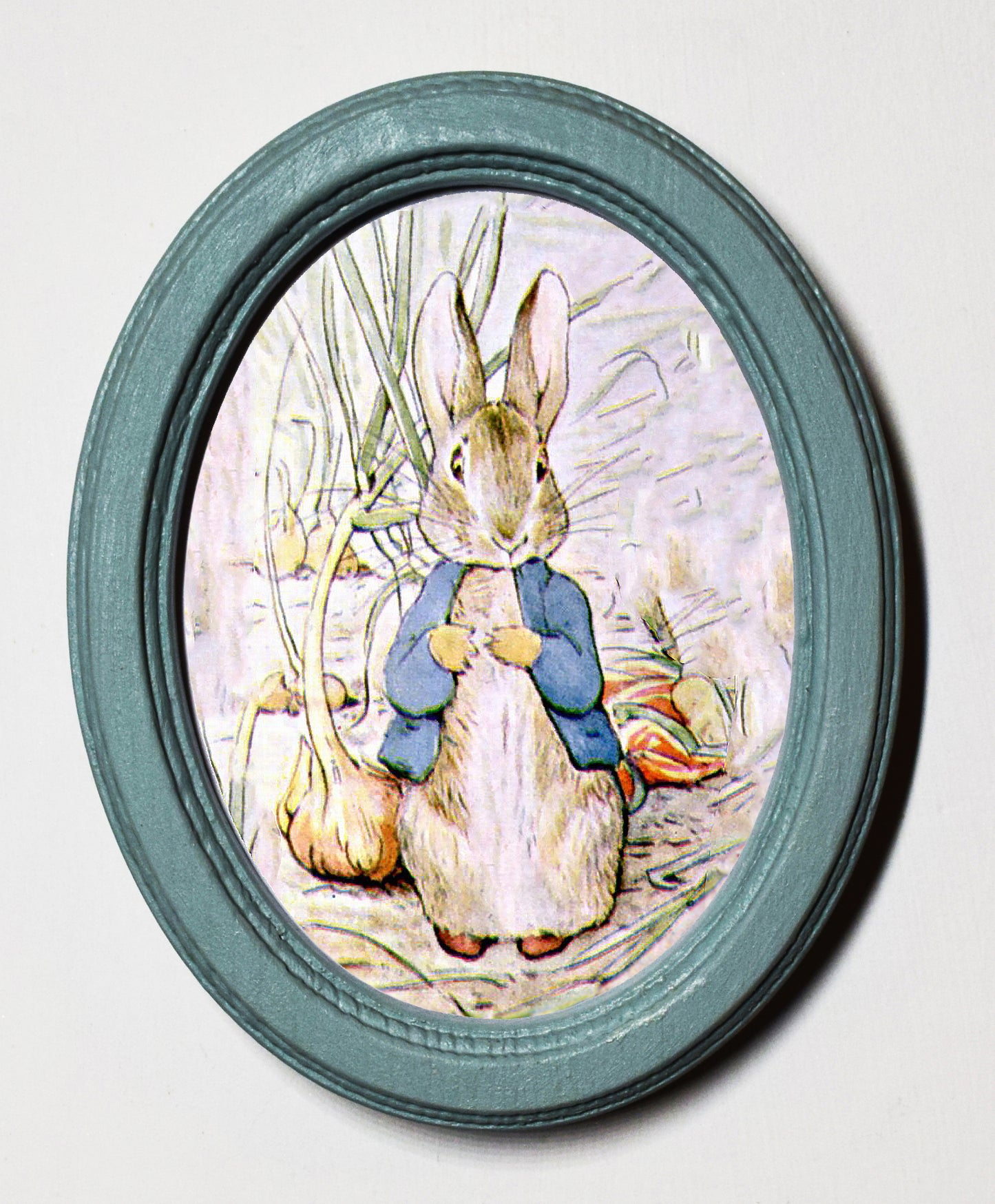 Beatrix Potter Peter Rabbit In Onion Patch 3" x 4" Oval Wooden Framed Print