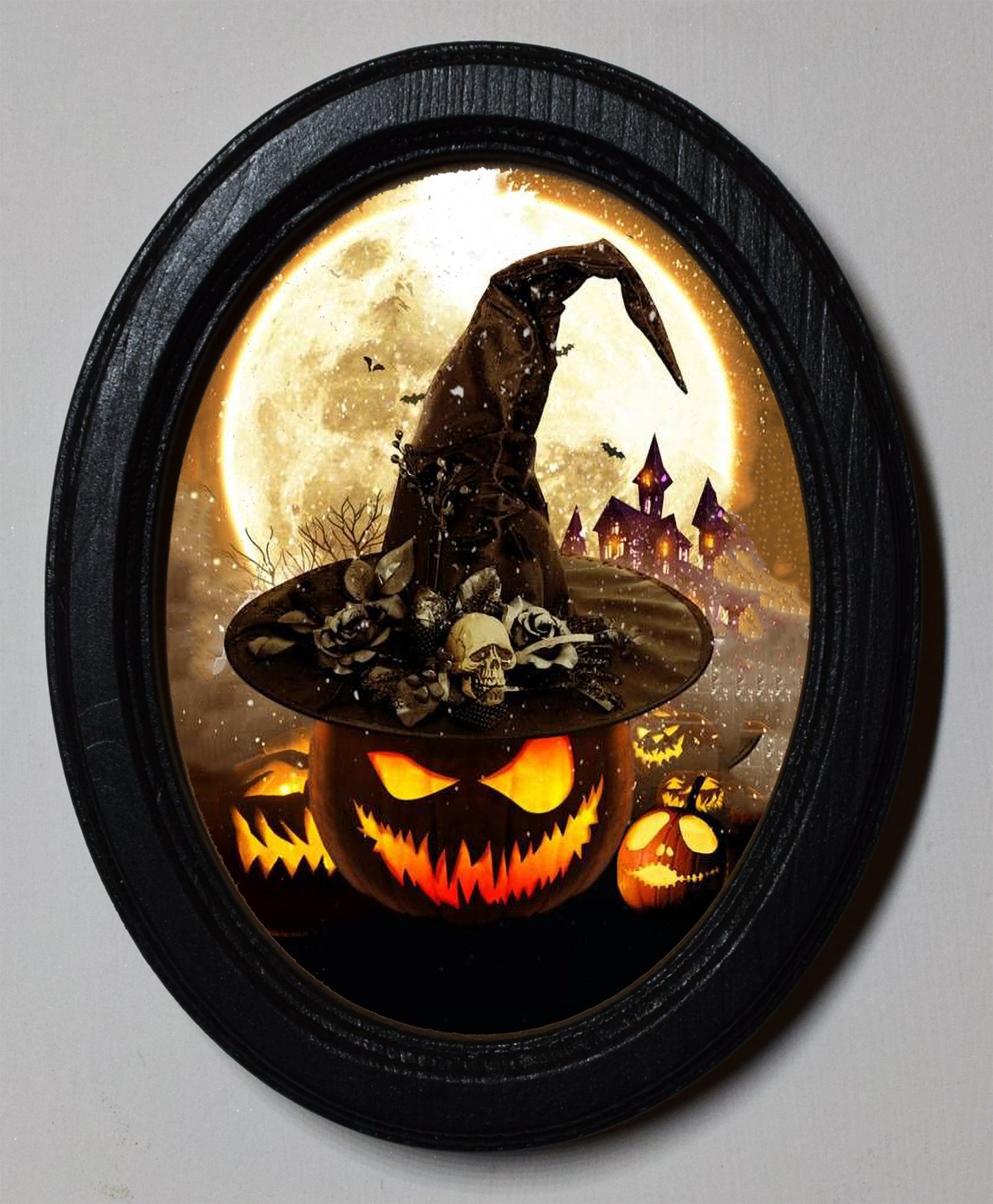 Pumkin With Witches Hat Spooky Halloween Oval Wooden Framed Print