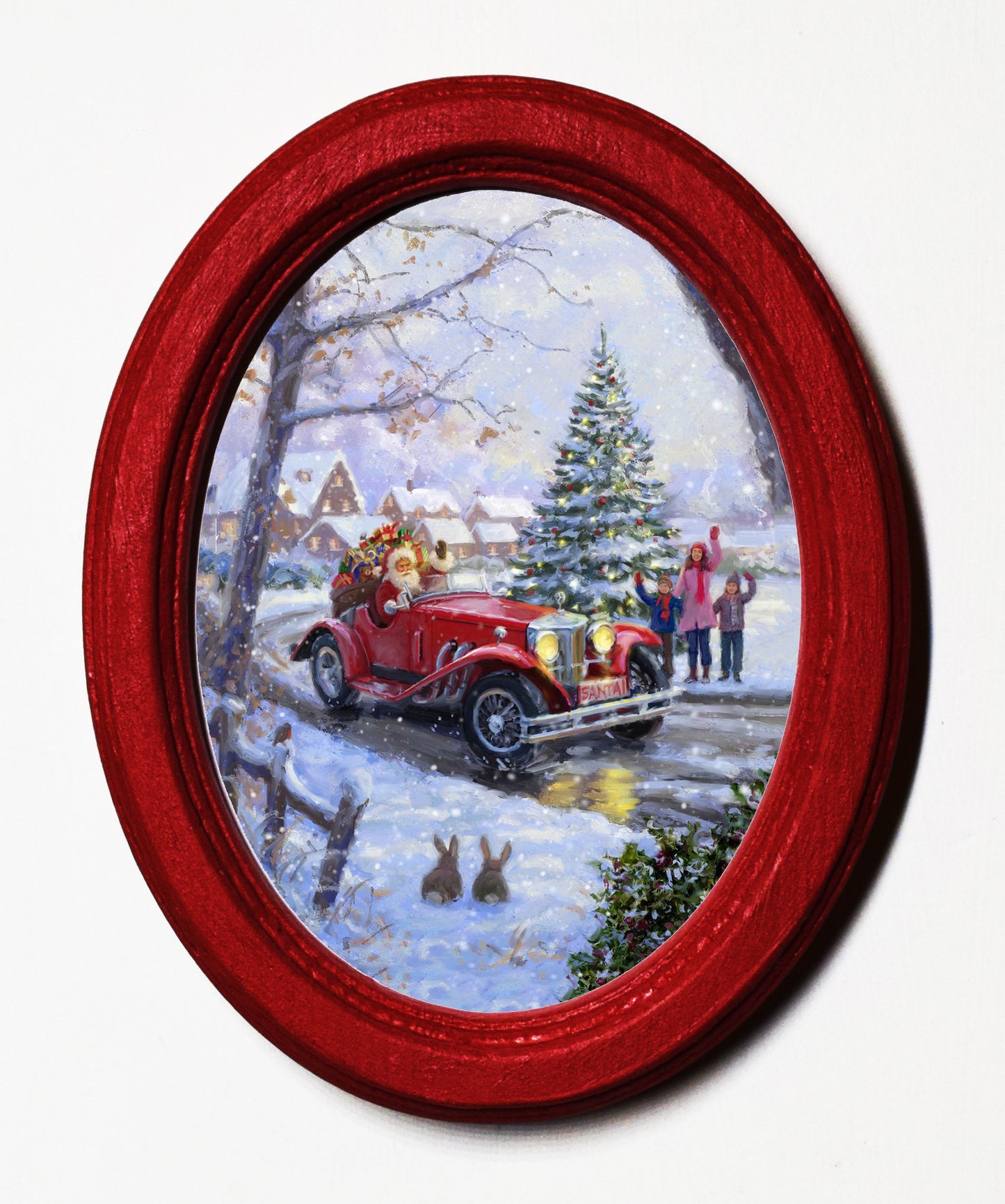 Santa in Car Christmas 3" x 4" Oval Wooden Framed Print