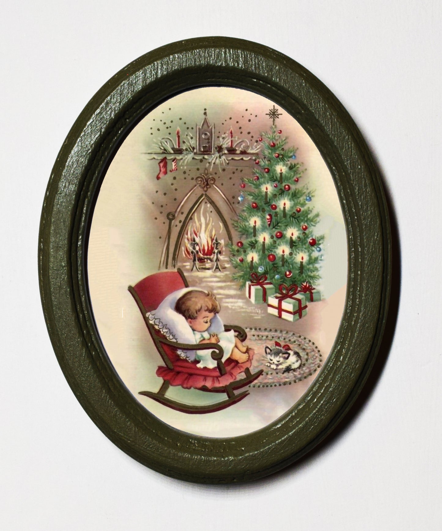 Sleeping Child Christmas 3" x 4" Oval Wooden Framed Print
