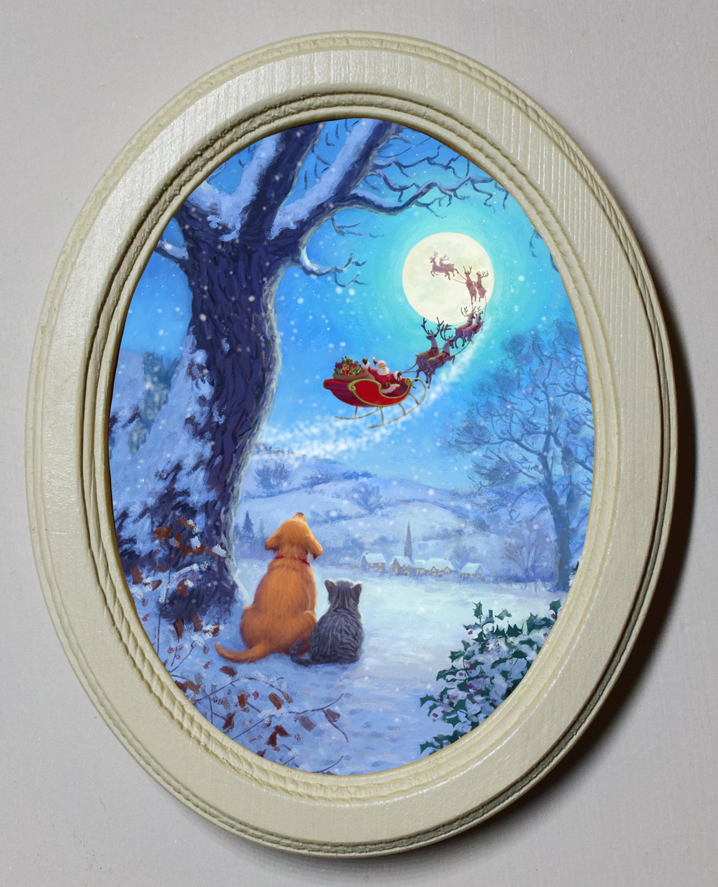There Goes Santa Christmas 3" x 4" Oval Wooden Framed Print