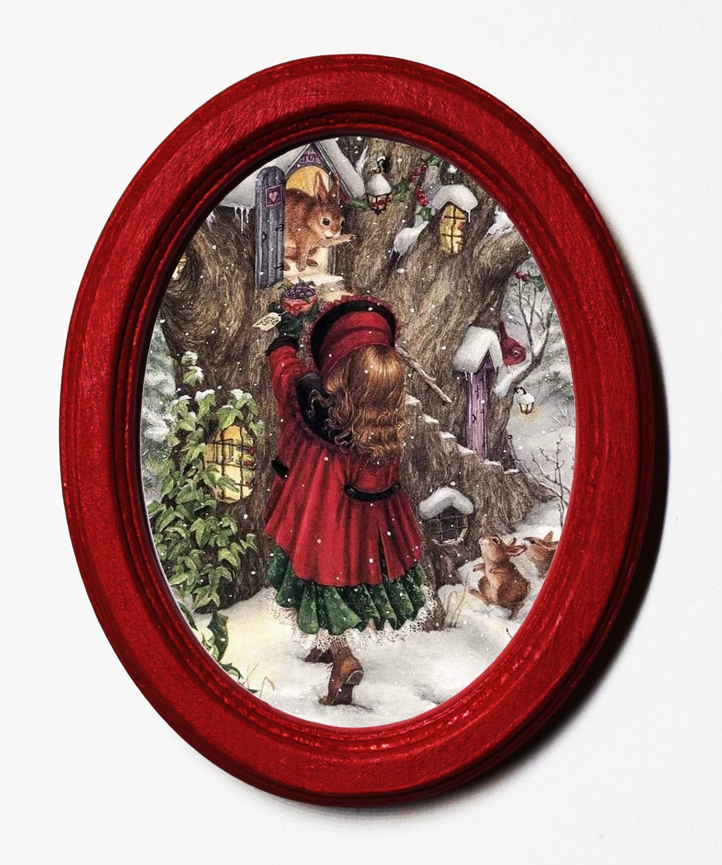 Visiting The Squirrels At Christmas 3" x 4" Oval Wooden Framed Print