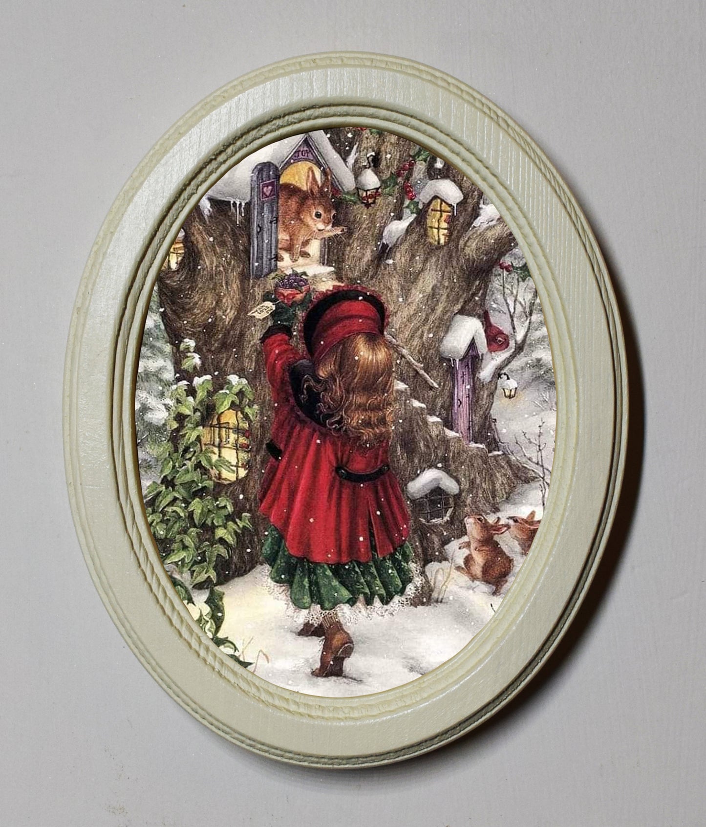 Visiting The Squirrels At Christmas 3" x 4" Oval Wooden Framed Print