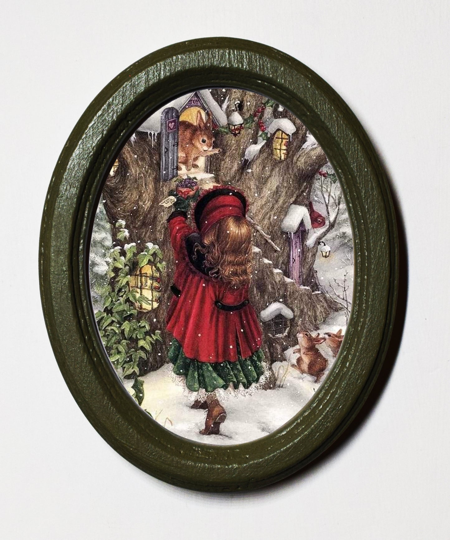 Visiting The Squirrels At Christmas 3" x 4" Oval Wooden Framed Print