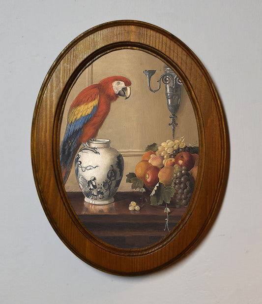 Alexander Pope Macaw with Chinese Vase and Fruit Light 4" x 6" Oval Wooden Framed Classic Art Print