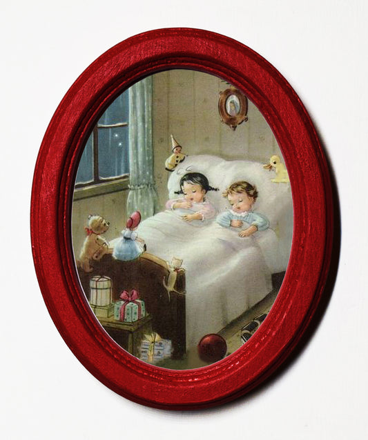 Asleep on Christmas Eve 3" x 4" Oval Wooden Framed Print