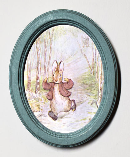 Benjamin Bunny Running Beatrix Potter Duck Egg Oval Wooden Framed Print 3"x4"