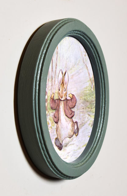 Benjamin Bunny Running Beatrix Potter Duck Egg Oval Wooden Framed Print 3"x4"