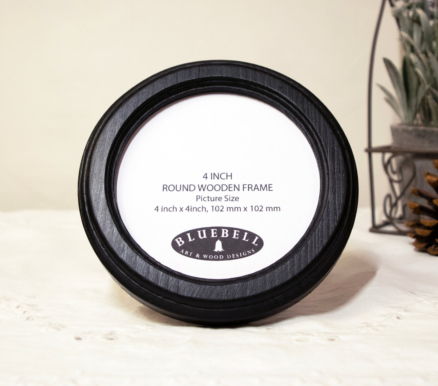 Black 4" x 4" Round Roman Edged Handmade Wooden Photo Picture Frame