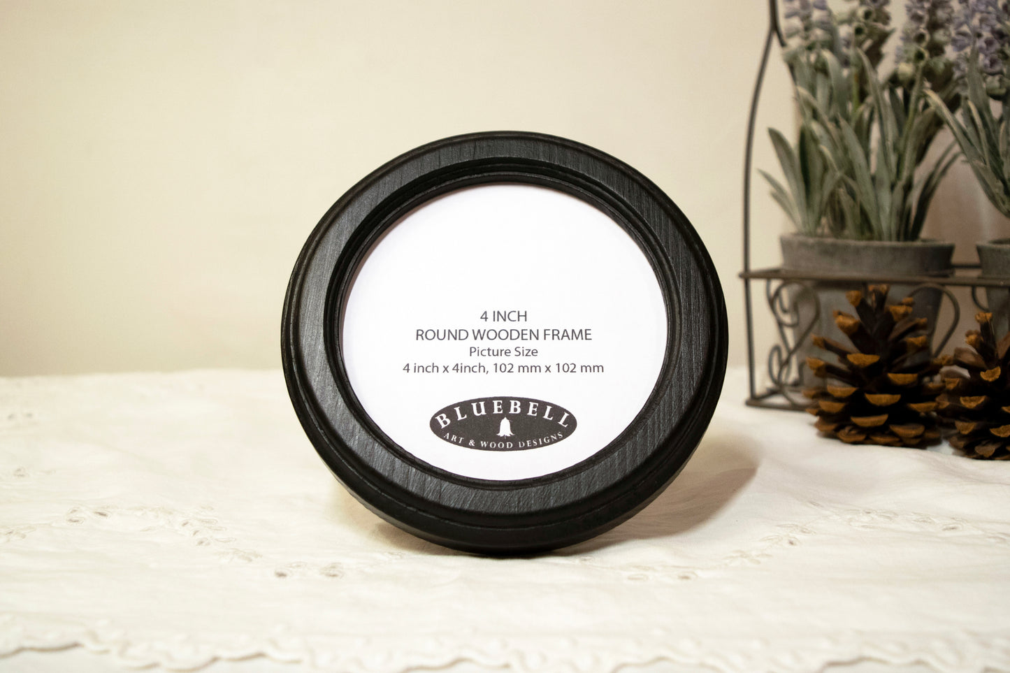 Black 4" x 4" Round Roman Edged Handmade Wooden Photo Picture Frame