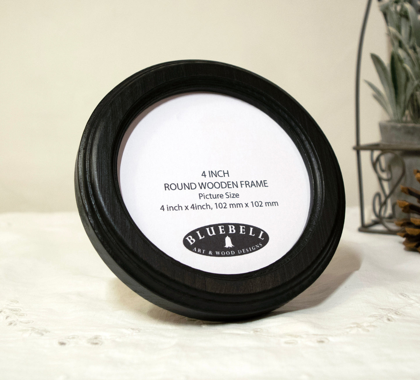 Black 4" x 4" Round Roman Edged Handmade Wooden Photo Picture Frame