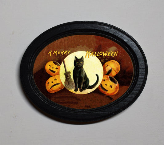 A Merry Halloween Black Cat Pumpkins Oval Wooden Framed Print