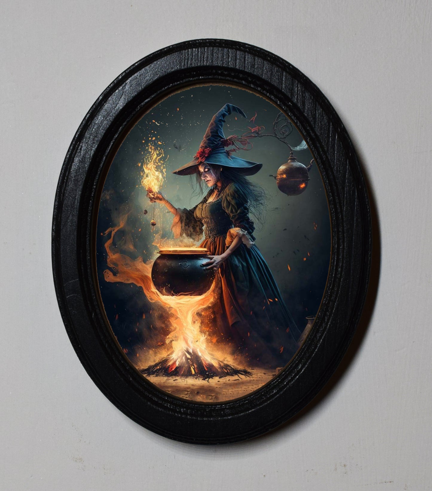 Cauldron Bubble Halloween Oval Wooden Framed Print