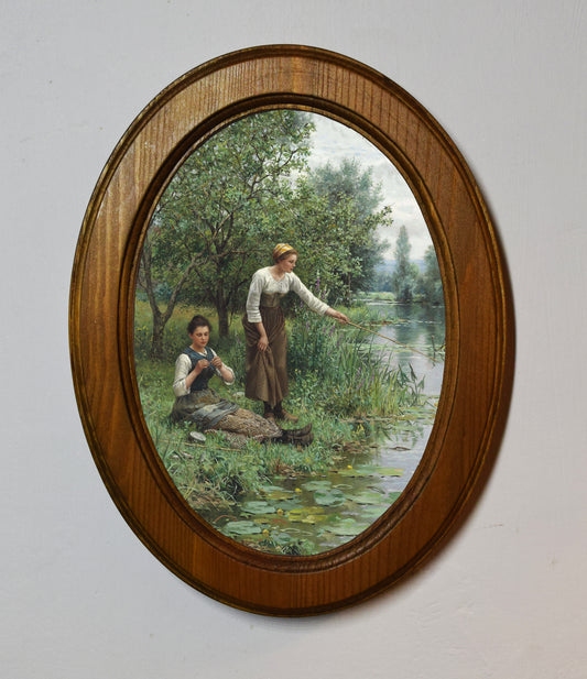 Daniel Ridgway Knight Two Women Fishing 4" x 6" Oval Wooden Framed Classic Art Print