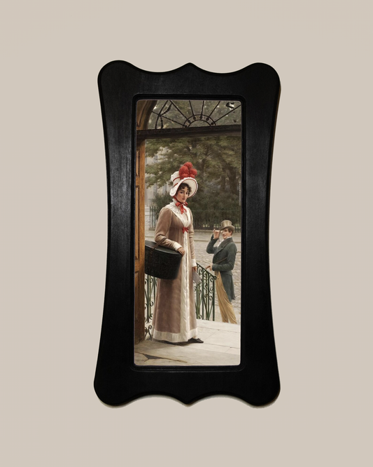 Delivering The New Hat Edmund Blair Leighton Black Art Nouveau Shaped Wooden Framed Classic Art Print 4.75"x9", 7.5"x13.5"