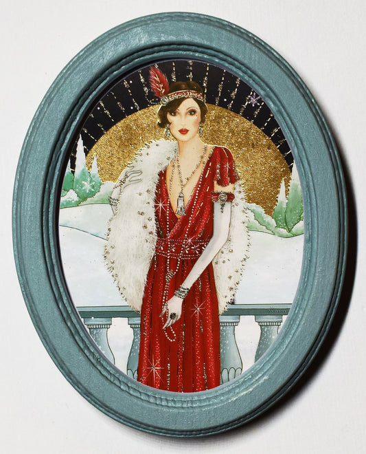 Art Deco Flapper Girl Christmas 1920's 3" x 4" Oval Wooden Framed Print