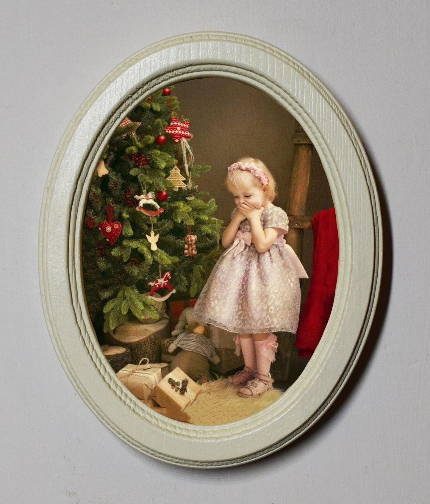 Girl Excited by Presents Christmas 3" x 4" Oval Wooden Framed Print