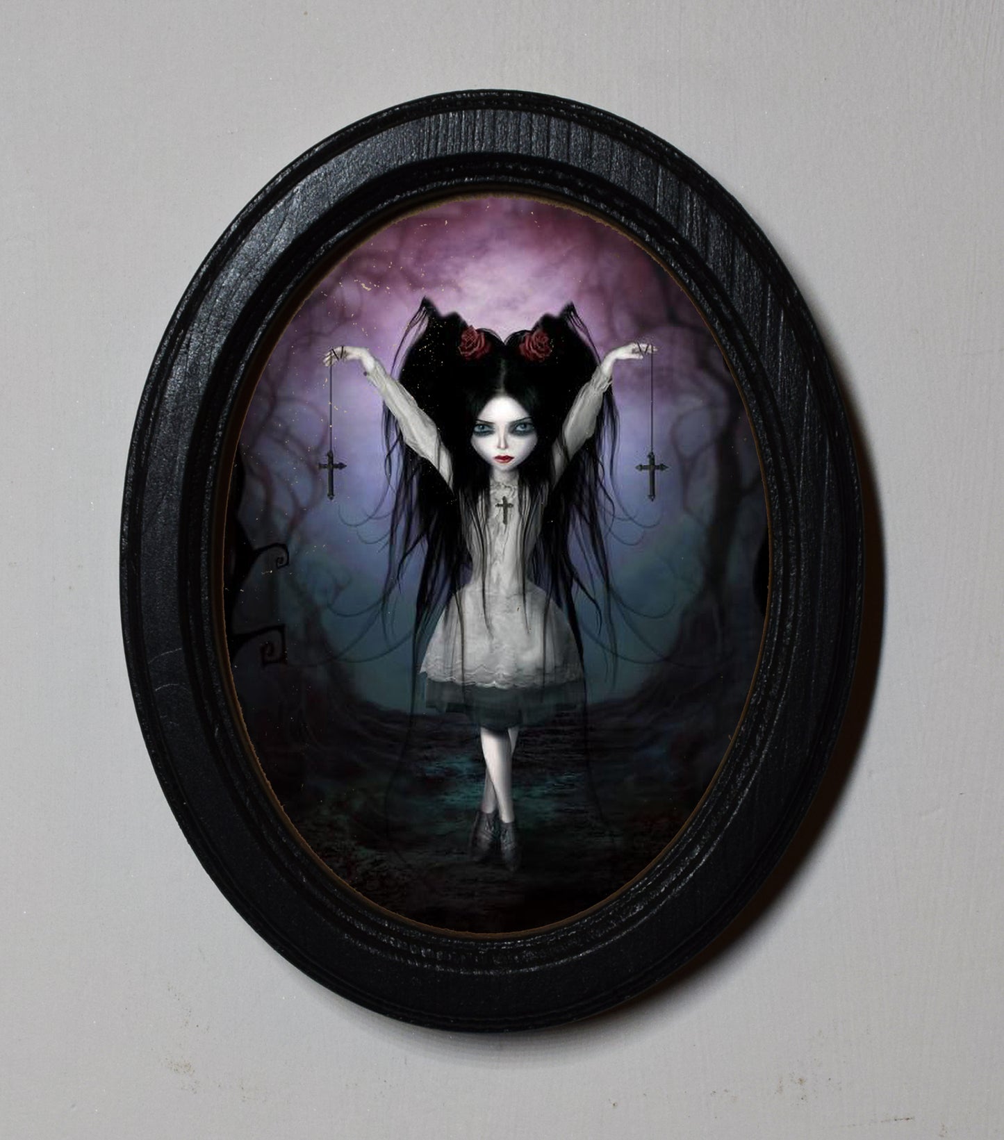 Goth Girl With Crucifix Spooky Halloween Oval Wooden Framed Print