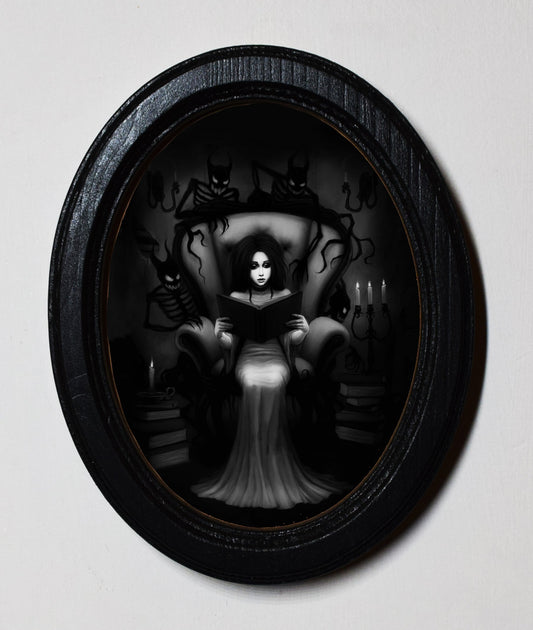 Goth Girl With Devils Spooky Halloween Oval Wooden Framed Print