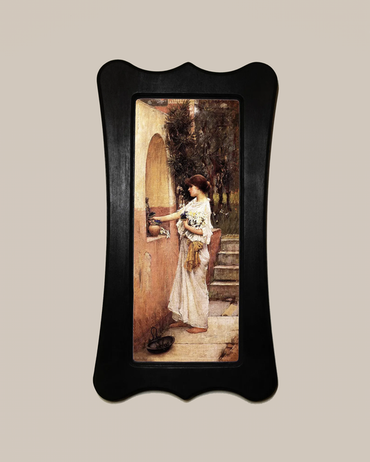 A Roman Offering John William Waterhouse Black Art Nouveau Shaped Wooden Framed Classic Art Print 4.75"x9", 7.5"x13.5"