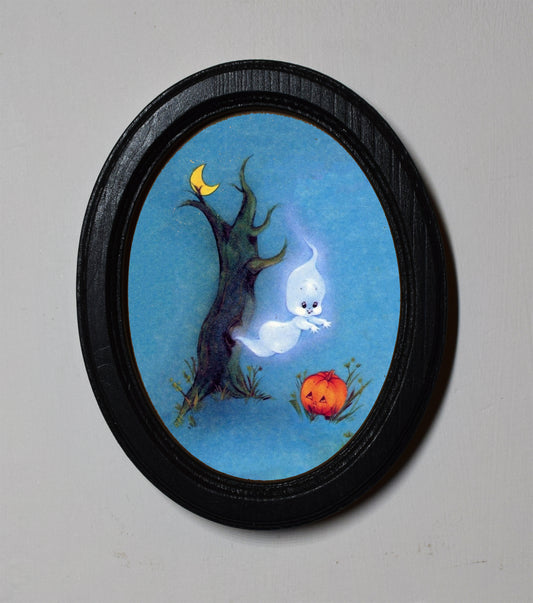 Little Ghost Spooky Halloween Oval Wooden Framed Print