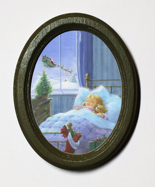 Little Girl Asleep Christmas 3" x 4" Oval Wooden Framed Print