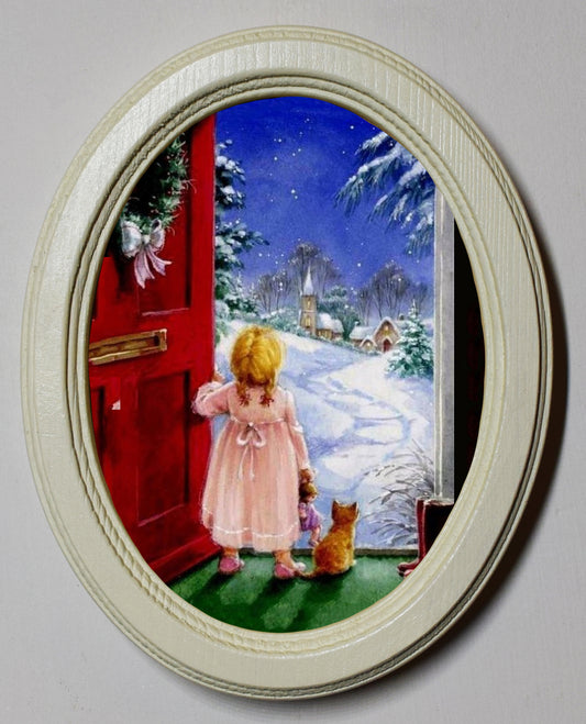 Looking For Santa Christmas 3" x 4" Oval Wooden Framed Print