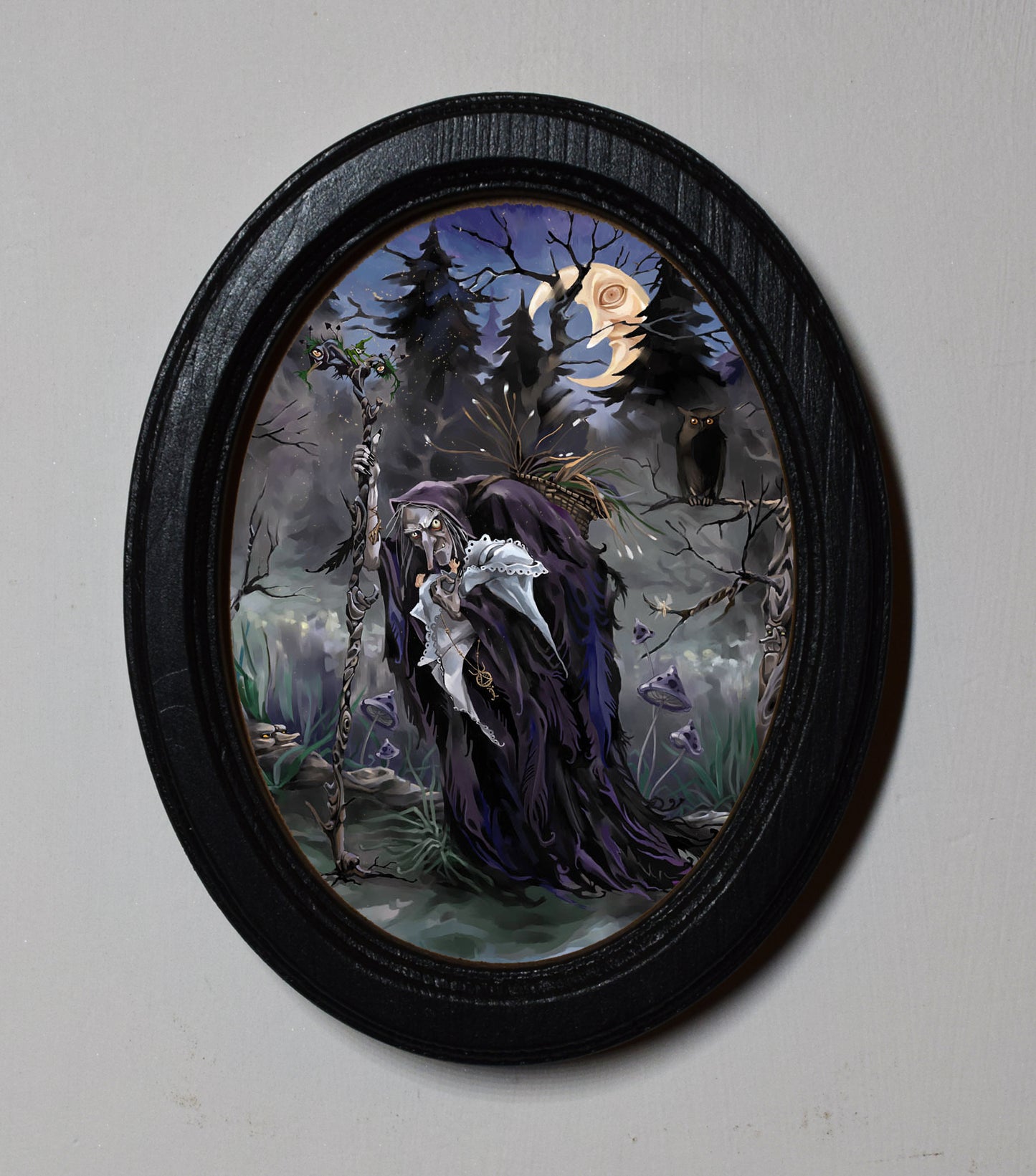 Old Witch Working Magic Halloween Oval Wooden Framed Print