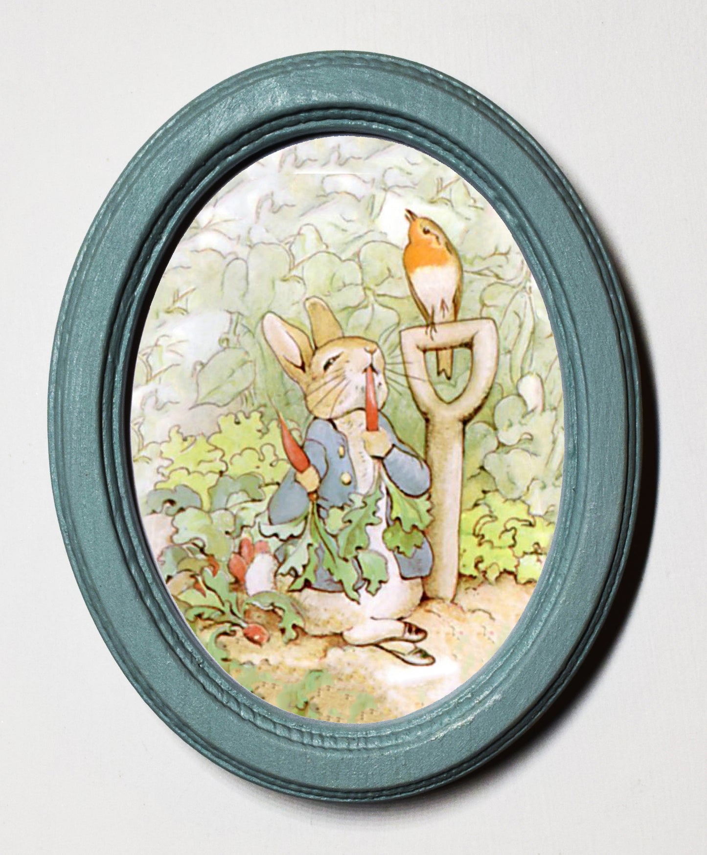 Beatrix Potter Peter Rabbit Eating Radishes 3" x 4" Oval Wooden Framed Print