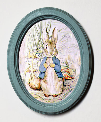 Peter Rabbit In Onion Patch Beatrix Potter Duck Egg Oval Wooden Framed Print 3"x4"