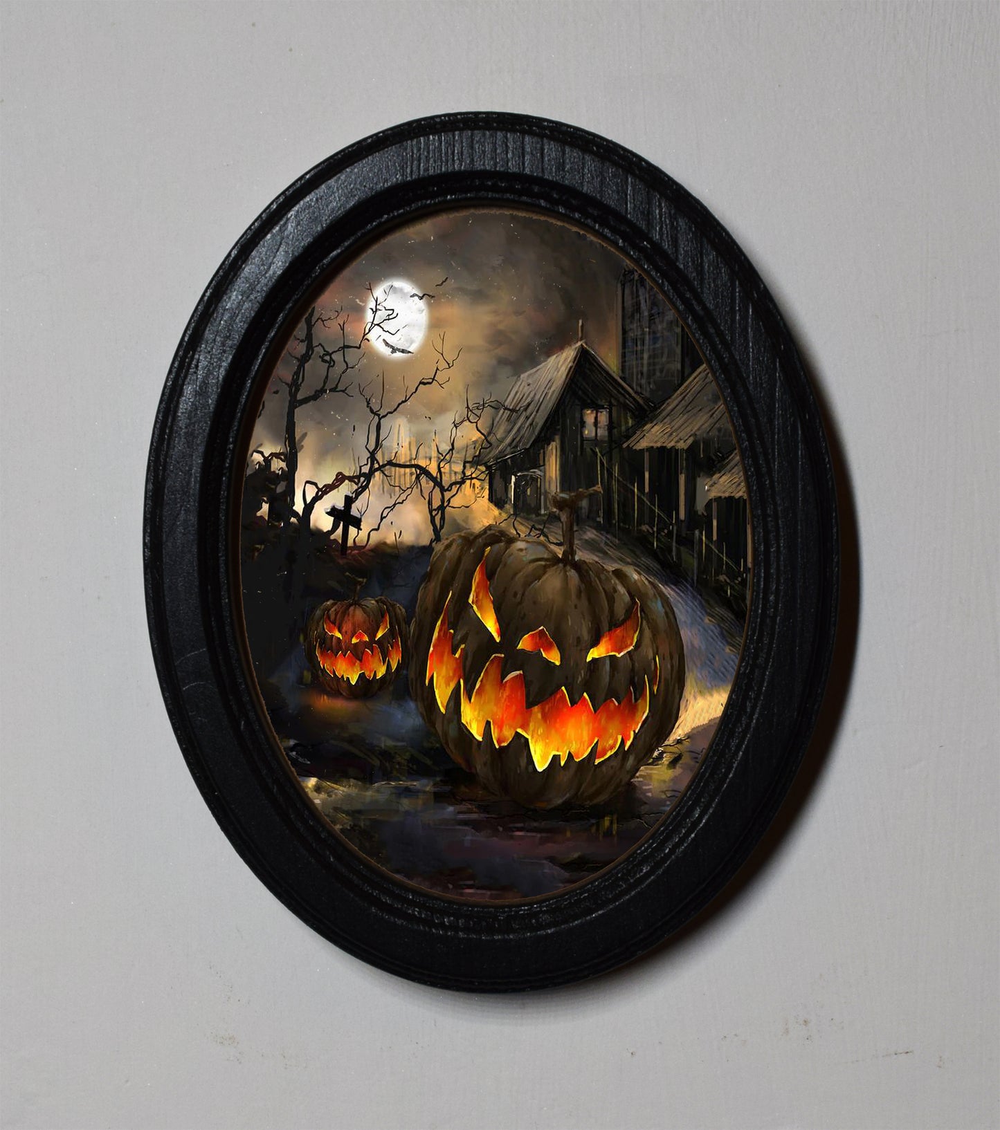 Scary Pumpkins Spooky Halloween Oval Wooden Framed Print