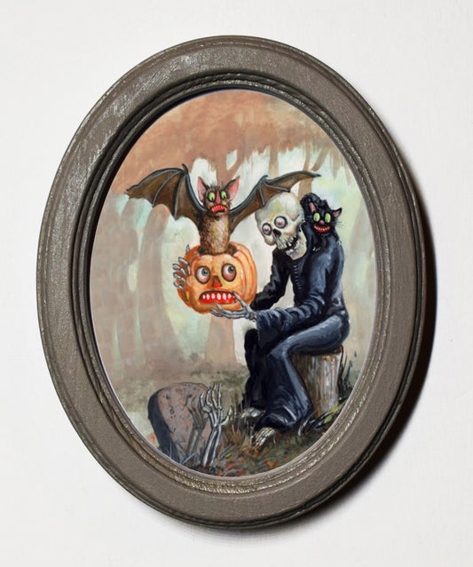 Skeleton with Pumpkin And Bat Spooky Halloween Oval Wooden Framed Print