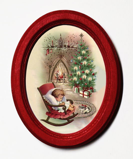 Sleeping Child Christmas 3" x 4" Oval Wooden Framed Print