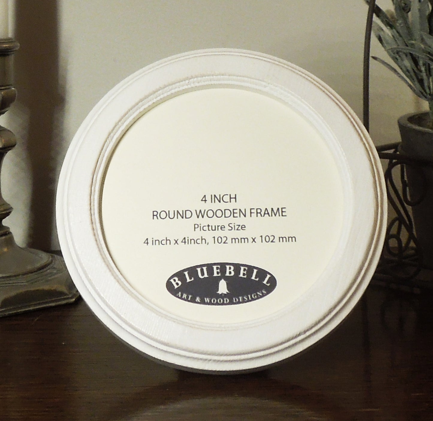 White 4" x 4" Round Roman Edged Handmade Wooden Photo Picture Frame