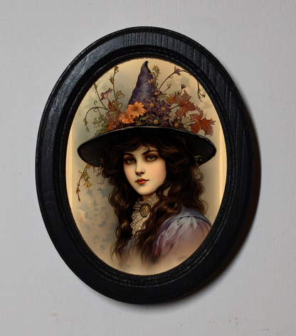 Portrait Of A Witch Halloween Oval Wooden Framed Print 3"x4", 3.5"x5", 4"x6"