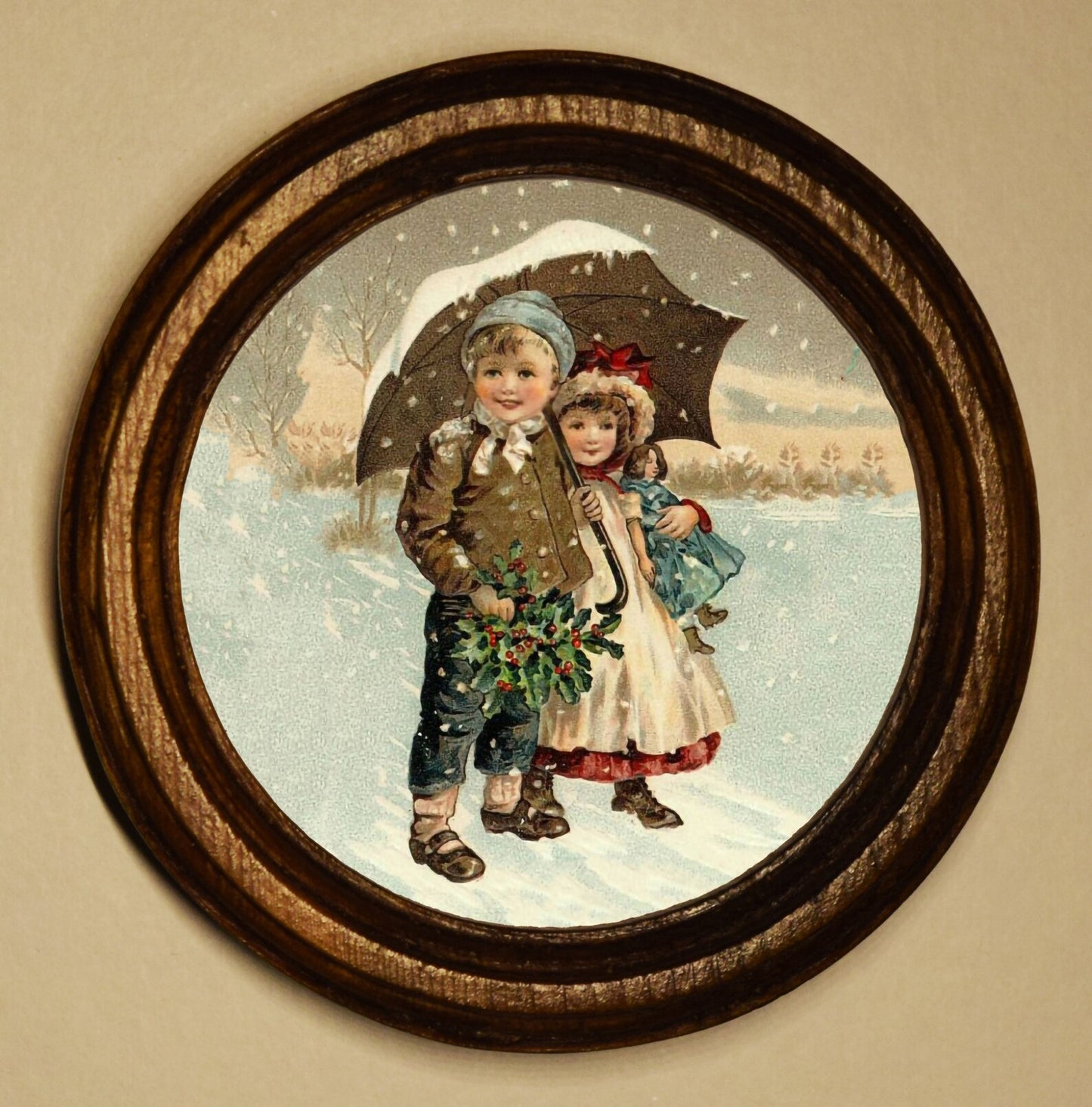 Boy and Girl in Snow Light Oak Round Wooden Framed Christmas Art Print 2.5"x2.5"