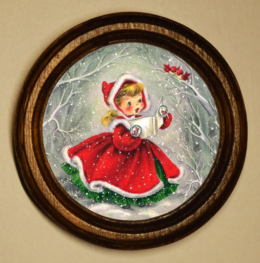 Girl Singing With Robins Light Oak Round Wooden Framed Christmas Art Print 2.5"x2.5"