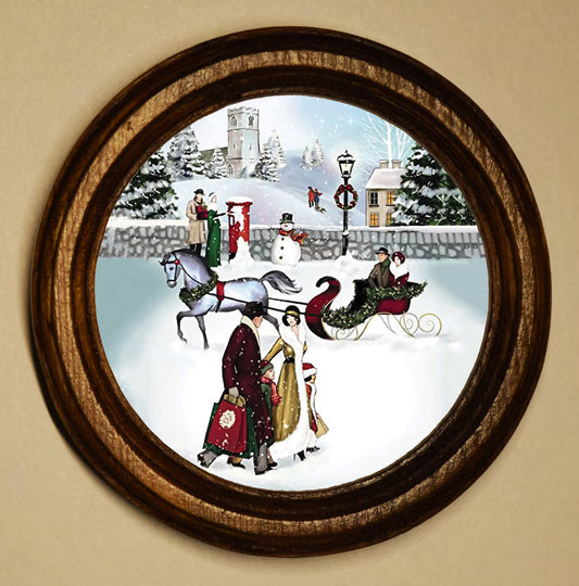 Christmas Scene Light Oak Round Wooden Framed Christmas Art Print 2.5"x2.5"