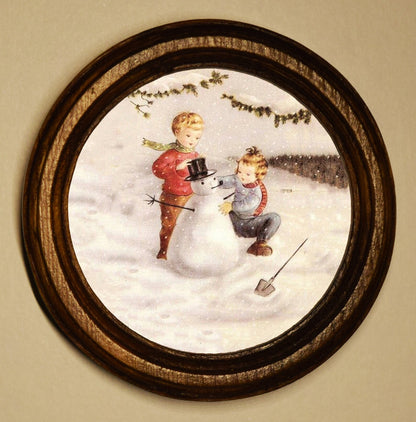Children Making Snowman Light Oak Round Wooden Framed Christmas Art Print 2.5"x2.5"